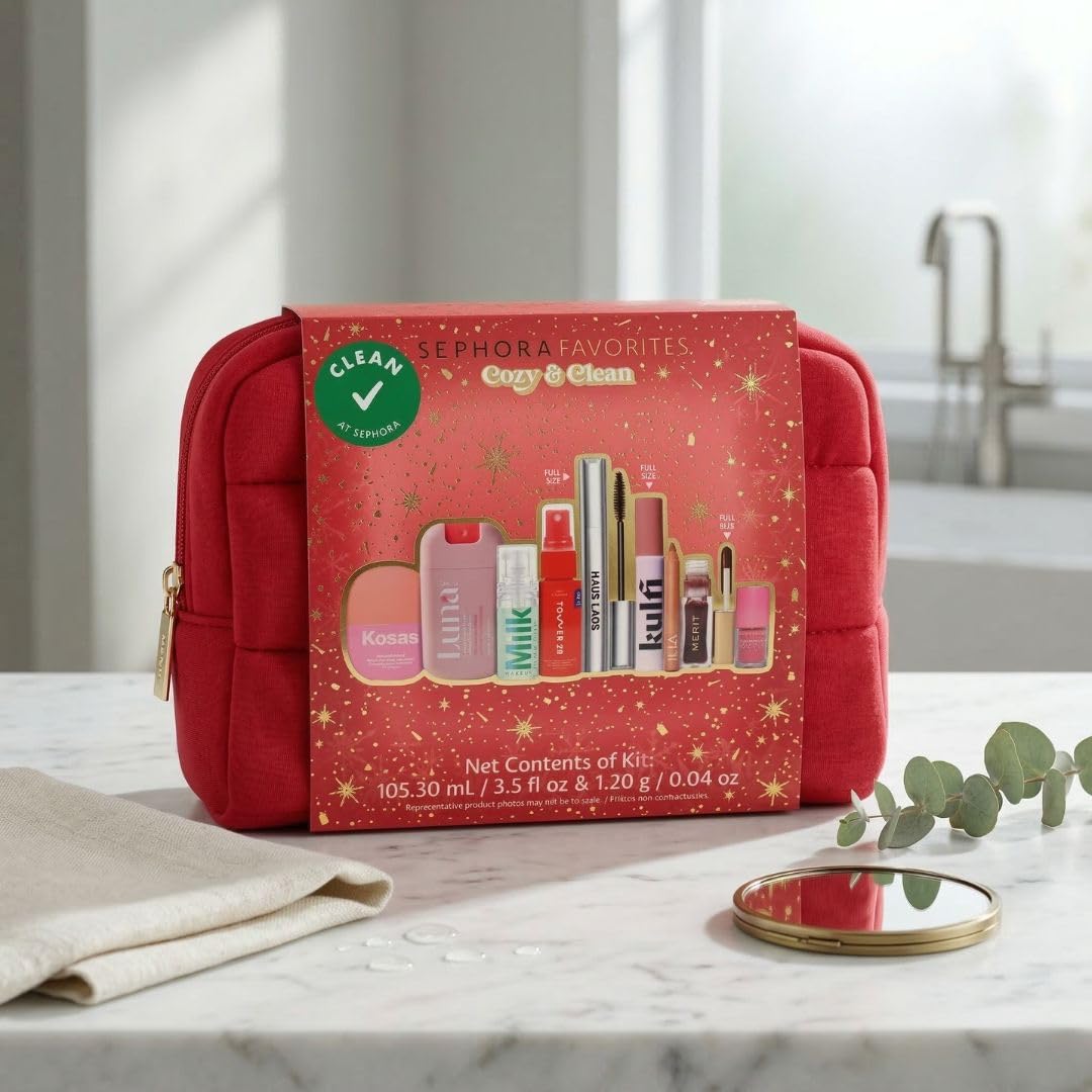Sephora Cozy & Clean Makeup Holiday Gift Set - 9 Clean Beauty Essentials with Lip, Primer, Mascara & Skincare