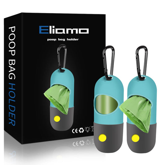 Eliamo 2 Pack Dog Poop Bag Dispenser with LED Flashlight, Pet Waste Bag Holder & Carabiner, Includes 2 Rolls Leak-Proof Bags for Dog Walking, Blue