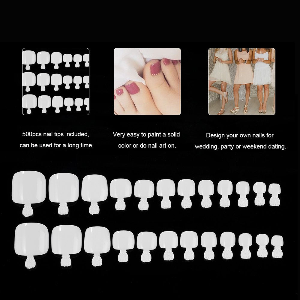 YIMART 500Pcs Fake Toenail Tips Set Nail Art Toe Decoration Full Cover False Toe Nail Tips for DIY Salon Foot Manicure Sticker Tools (White With Box)