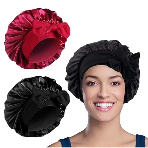 WUBAYI 2PCS Satin Sleep Cap, Silk Bonnet Hair Wrap for Sleeping, Hair Bonnet for Bath, Tie Band for Women Long Curly Braid Hair (Black, Red)