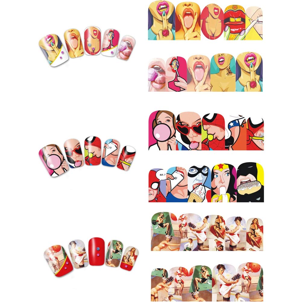 Towenm 12 Sheets Nail Art Stickers Water Transfer Nail Decals for Nail Art, Trendy Marvel Nail Wraps, Sexy Lip Pop Star Nail Decals, Manicure Nail