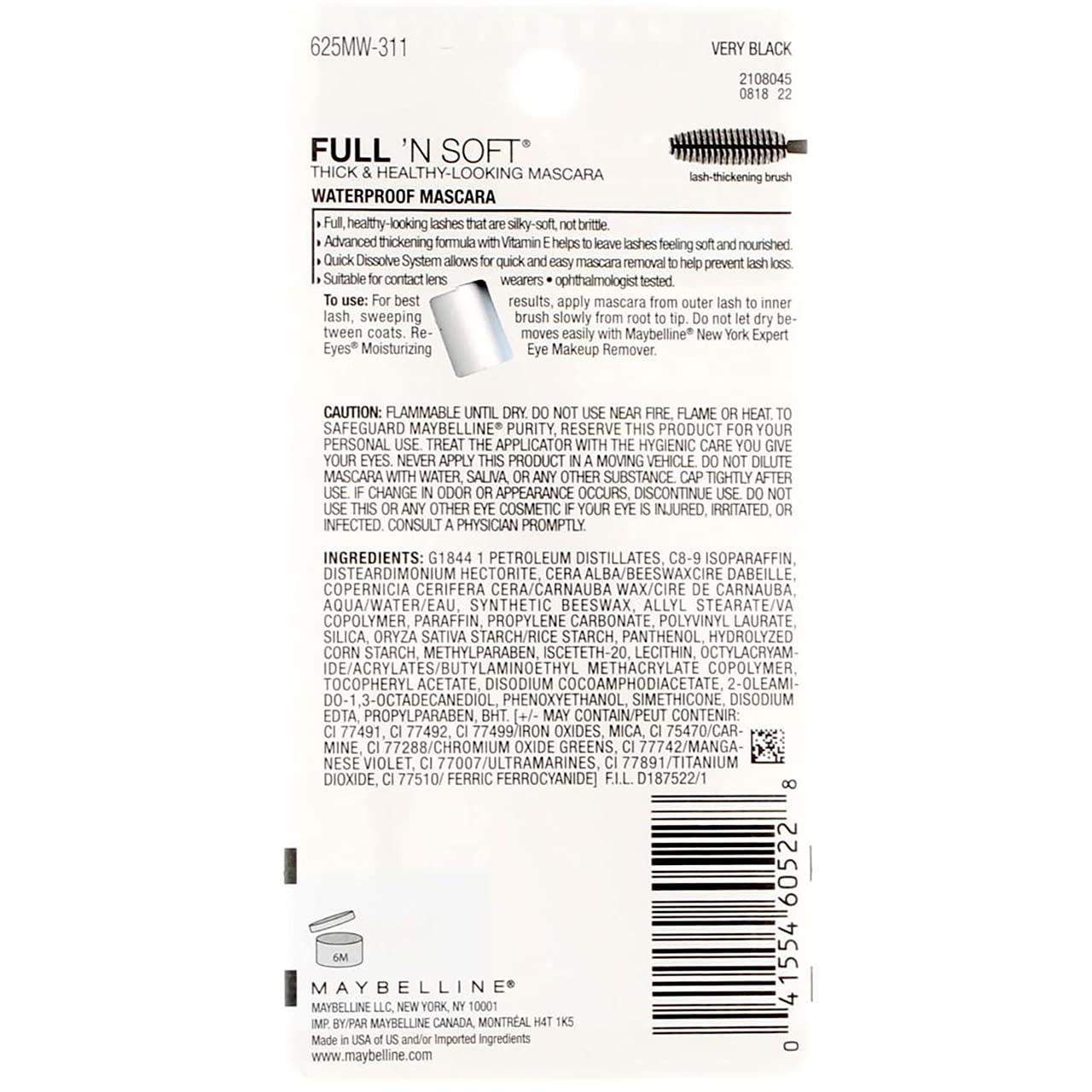Maybelline Full N Soft Waterproof Mascara, Very Black 311 1 ea