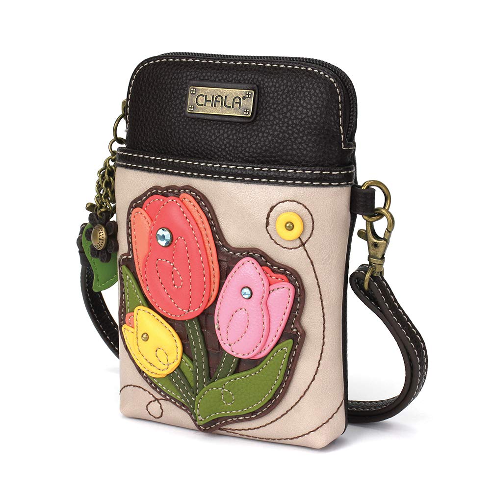CHALA Plant Life Collection Cell Phone Crossbody Purse-Women PU Leather/Canvas Multicolor Handbag with Adjustable Strap - Tulip - ivory