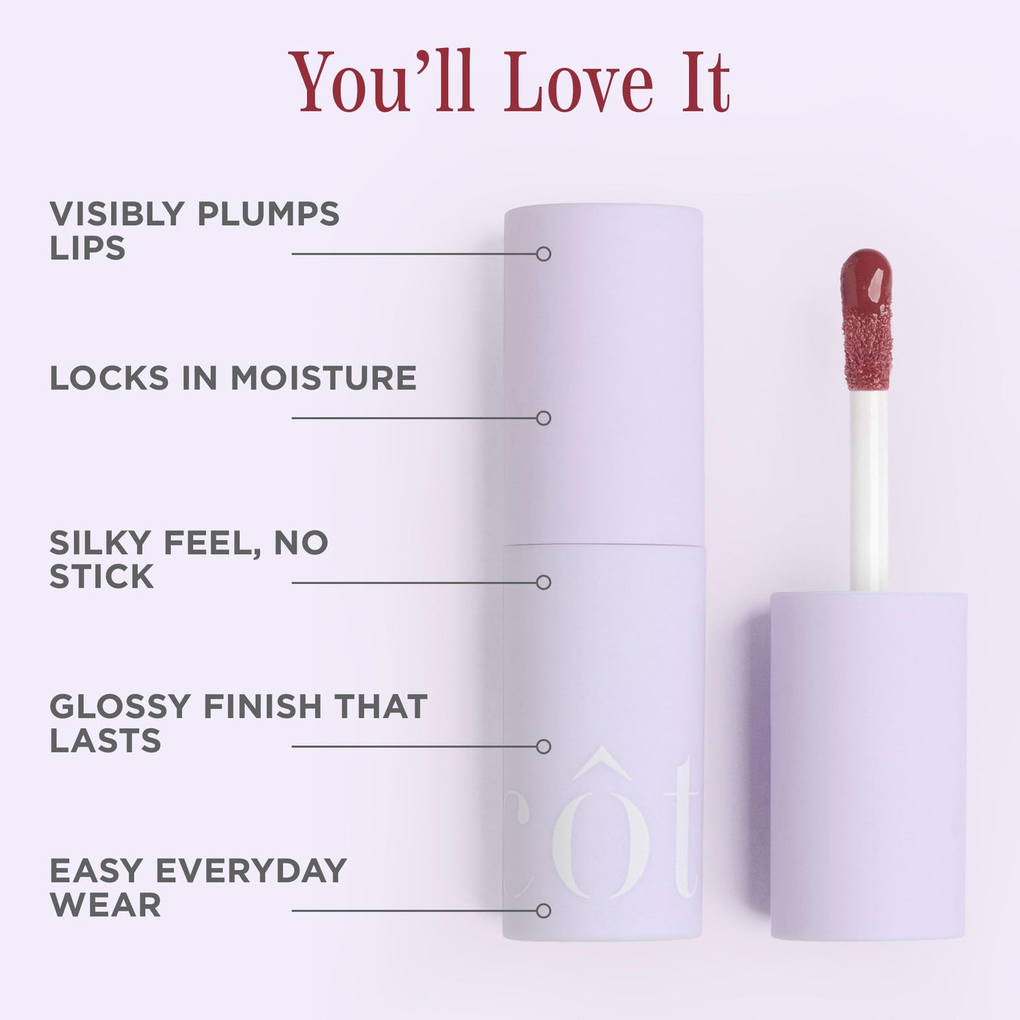 Cote Beauty's Mulberry Peptide Lip Shine, Ultra Hydrating & Long-Lasting Mauve Plumping Lip Gloss for Women with Hyaluronic Acid, Shea Butter & Jojoba