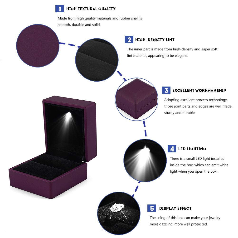 Yosoo LED Lighted Ring Box Earring Ring Gift Case Wedding Ring Jewelry Display Packaging Organizer Storage Holder for Engagement Wedding Gift ()