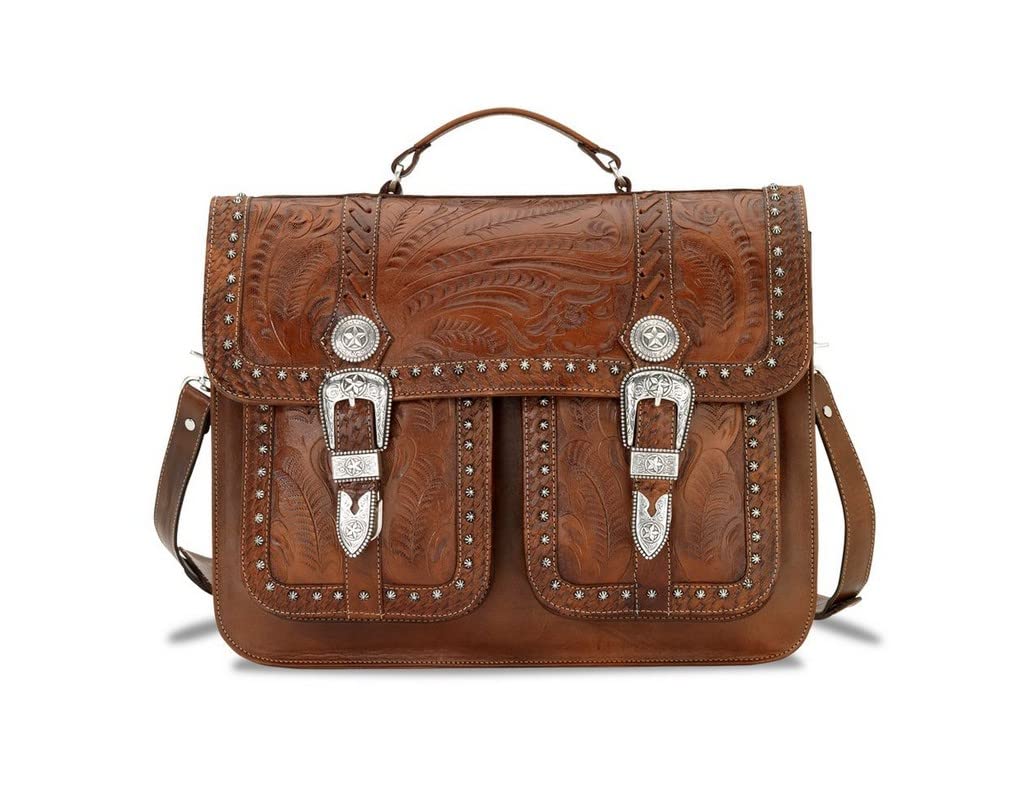 American West Hand Tooled Handcrafted 100% Genuine Leather Multi Compartment Laptop Briefcase for Men and Women | Classic Travel Collection | Western