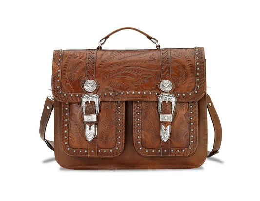 American West Hand Tooled Handcrafted 100% Genuine Leather Multi Compartment Laptop Briefcase for Men and Women | Classic Travel Collection | Western