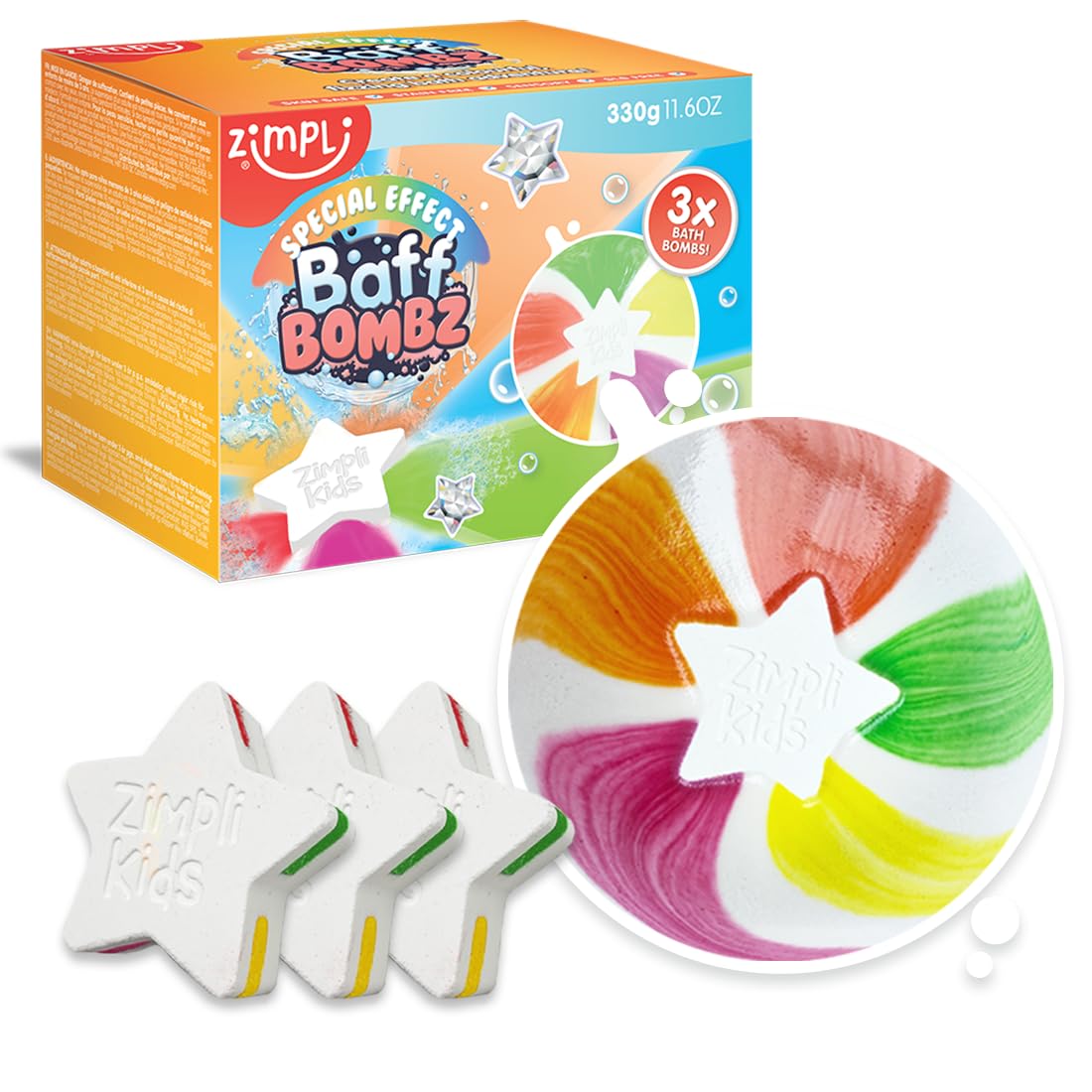 3 x Star Bath Bomb from Zimpli Kids, Create a Fizzing Bath Time Adventure Children’s Baff Bombz, Certified Biodegradable and Vegan Friendly Gift