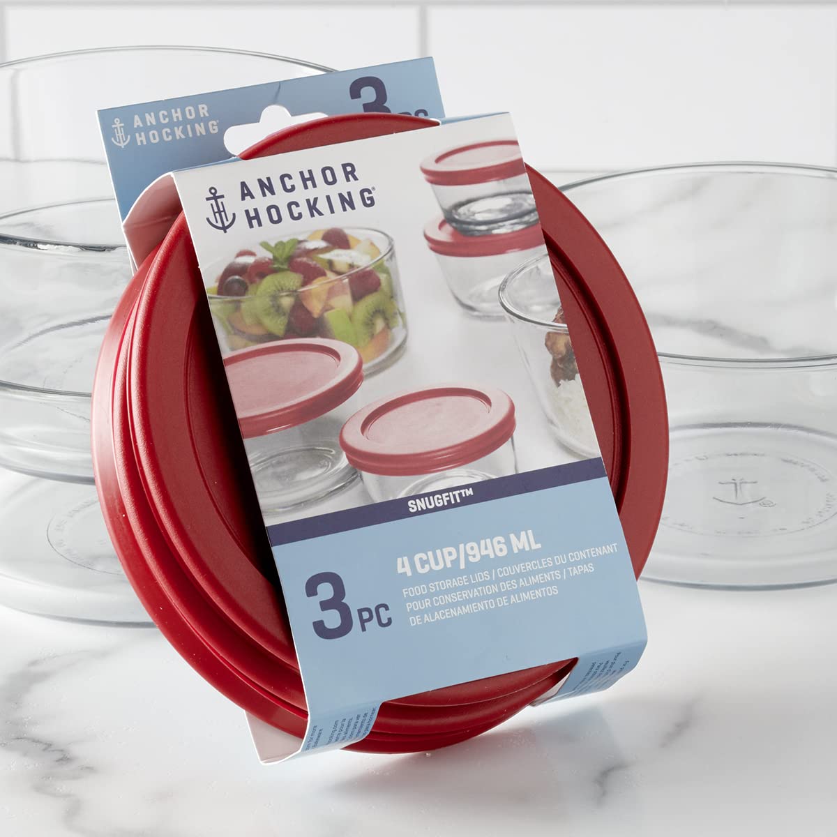 Anchor Hocking Replacement Lids for Glass Food Storage, 4 Cup Round, Set of 3 (Also Compatible with Pyrex Glass Food Storage)