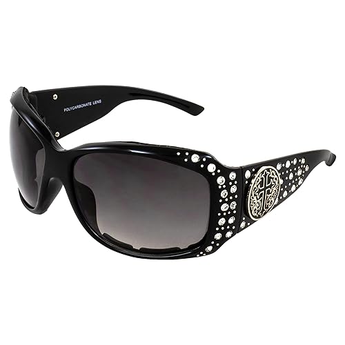 Rodeo Queen Mercy Padded Motorcycle Cross Sunglasses for Women Black Frame w/Bling Rhinestones & Smoke Gradient Lens