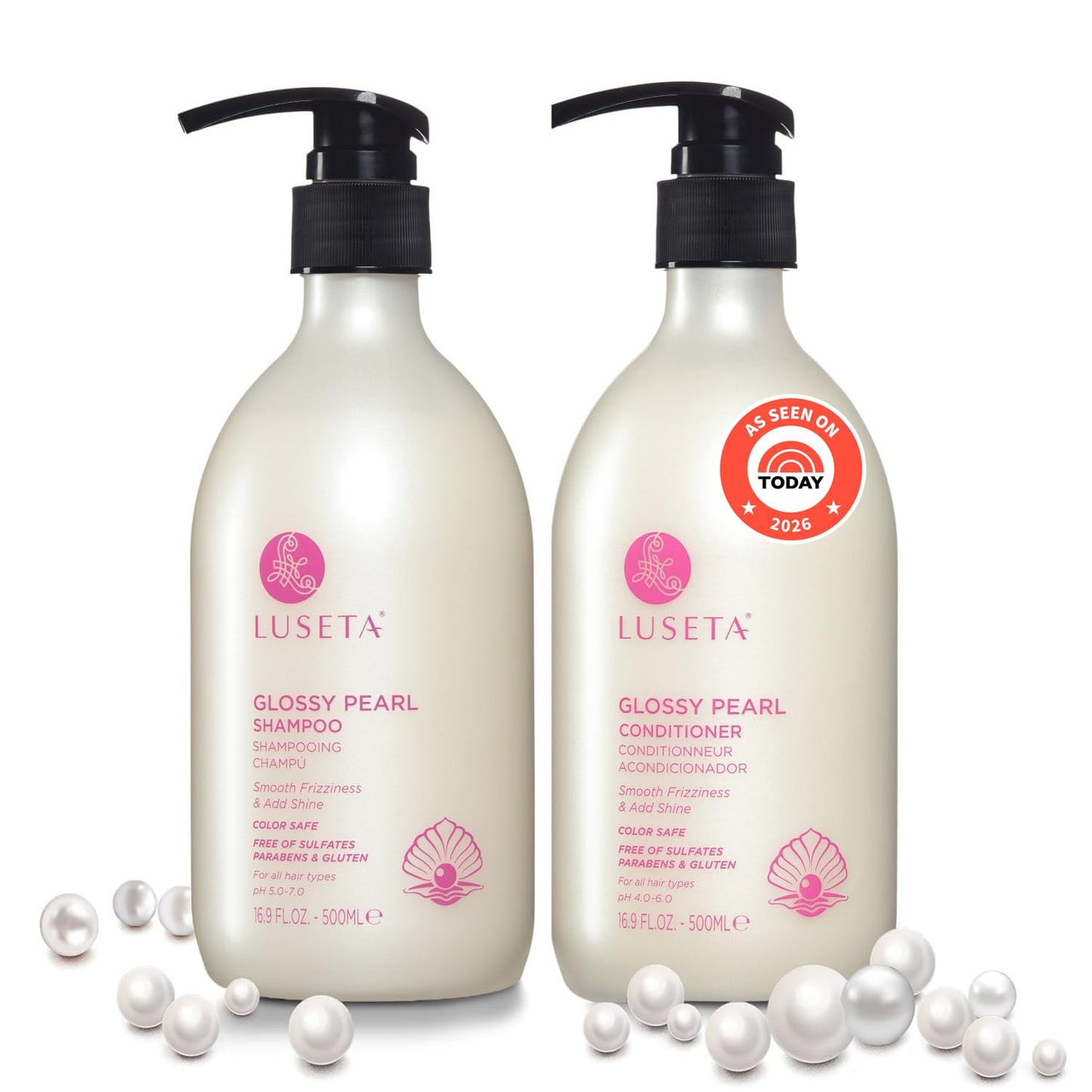 Luseta Glossy Pearl Shampoo and Conditioner Set Smooth & Moisturize, Add Shine and Helps Tame Frizz,Hydrating for Damaged Hair, Detangle,Nourish