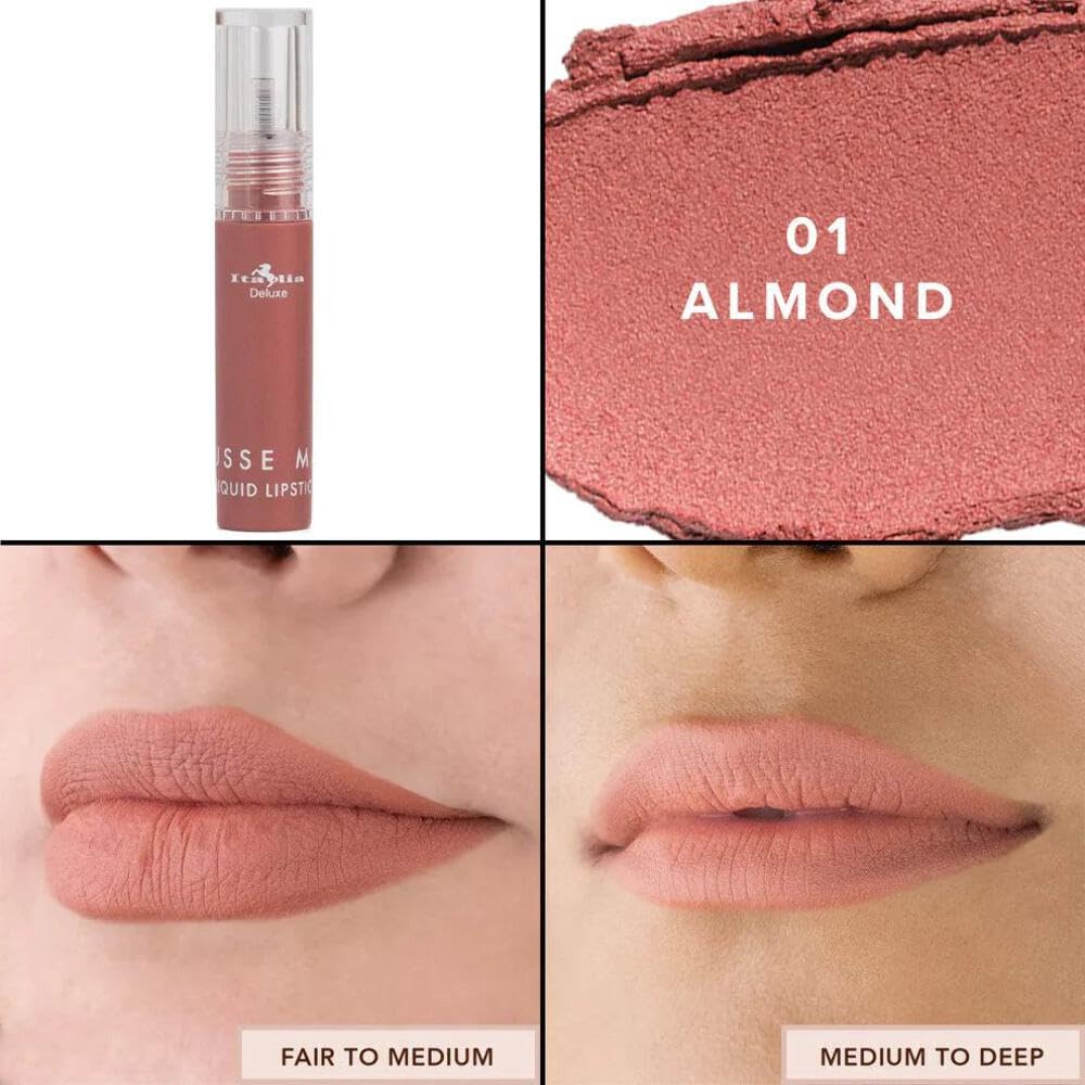 Italia Deluxe Pick 1 Mousse Matte Liquid Lipstick Comfortable Velvet Finish & Zipper Bag (190-01 : ALMOND, Full Size)