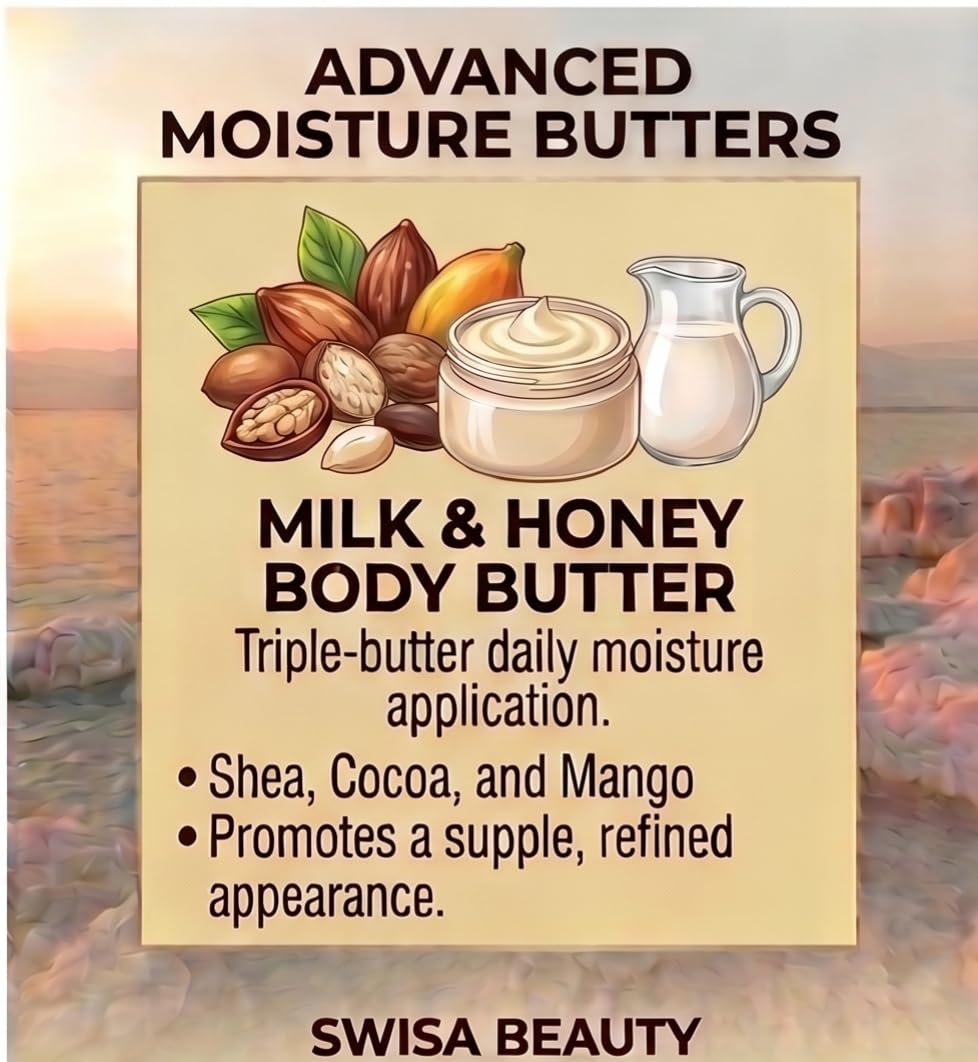 Swisa Beauty Dead Sea Body Butter, Milk and Honey - Thick & Creamy Daily Moisturizer with Shea Butter, Aloe & Squalane, 8 oz