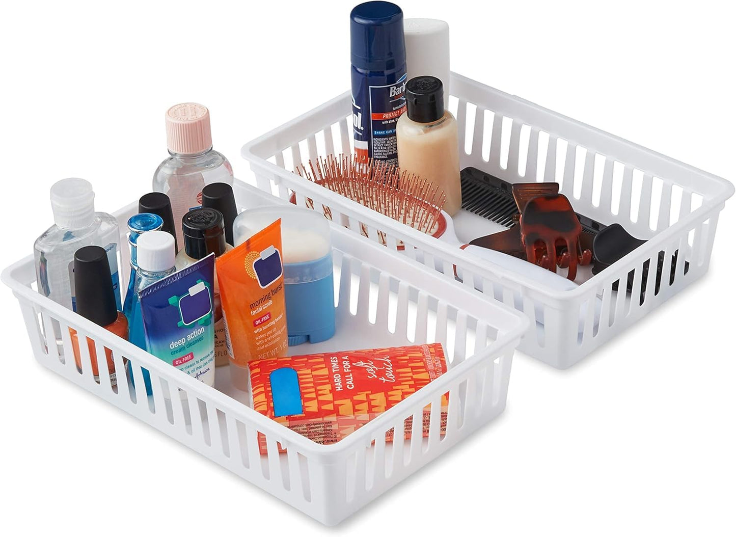 Tribello Plastic Bin Baskets for Organizing, White Storage Tray, Rectangle 9 x 6 x 2 - Pack of 4 - Made in USA