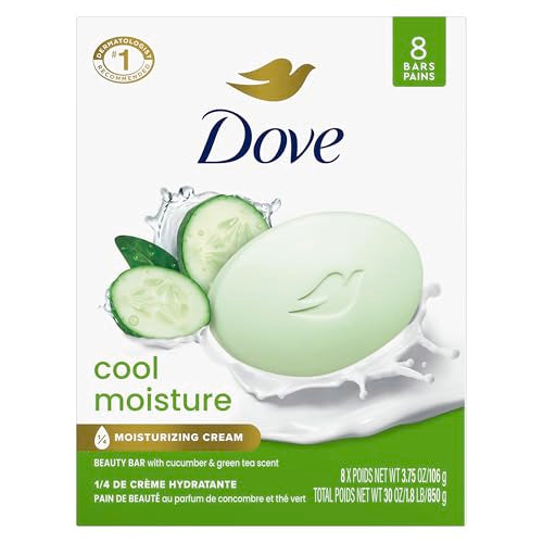 Dove Beauty Bar Soap Cool Moisture Cucumber & Green Tea Scent, 8 Bars for Refreshed Skin, Leaves Skin Refreshed 3.75 oz