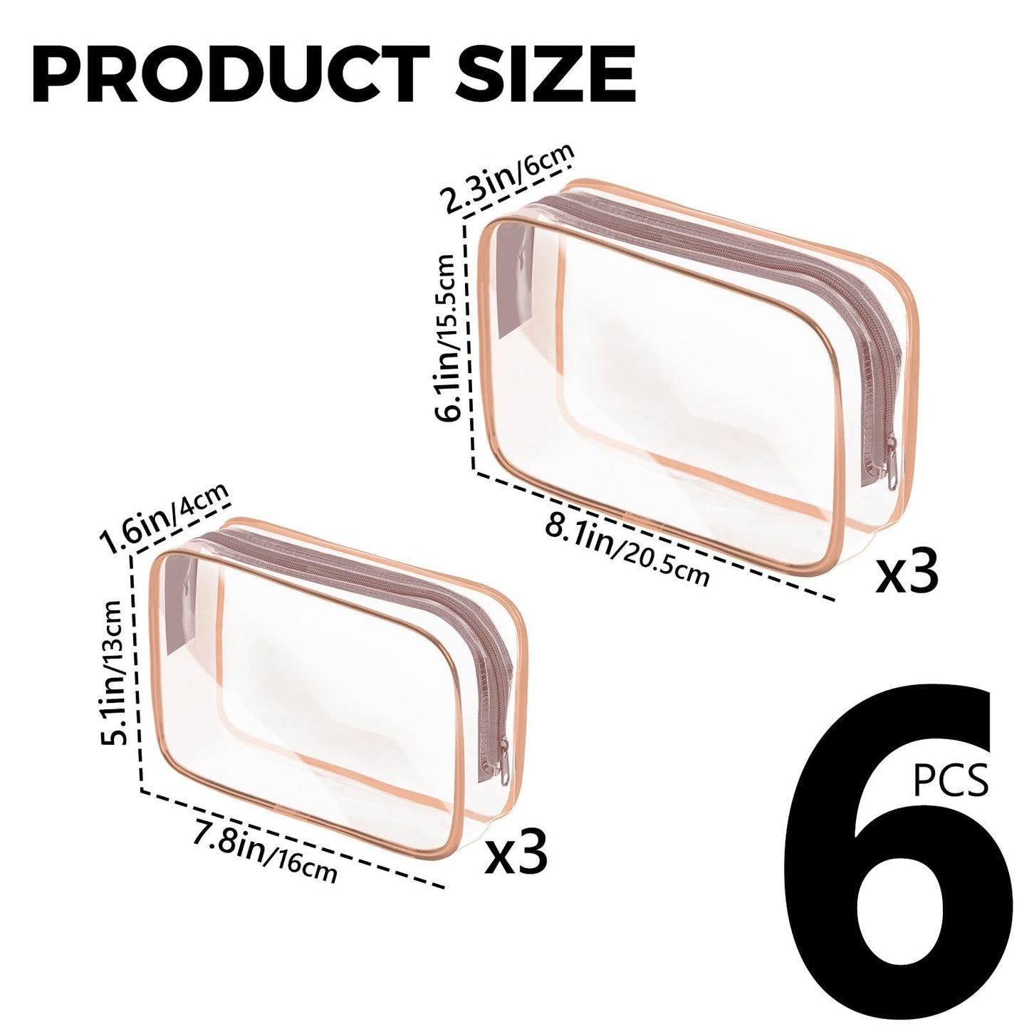 AURUZA 6 Pack Travel Toiletry Bag, Clear Makeup Bag, TSA Approved Cosmetic Bag with Zipper, Clear Organizer Carry on Bag for Women, PVC Cosmetic Pouch Beauty and Personal Care AURUZA