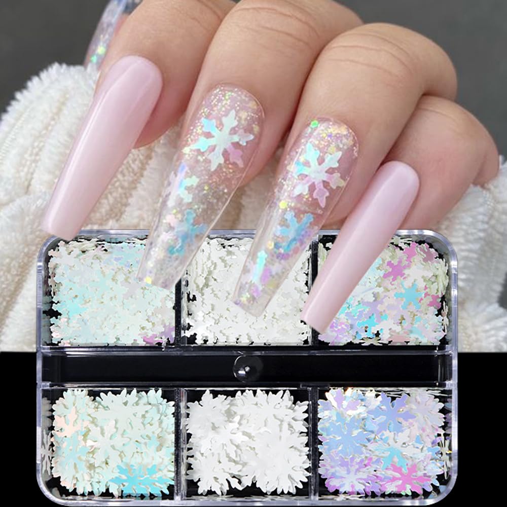 Snowflake Nail Glitter Sequins, 6 Grids Holographic Christmas Nail Art Glitter Snow Flakes Christmas Nail Design Winter Xmas Nail Sticker Decals