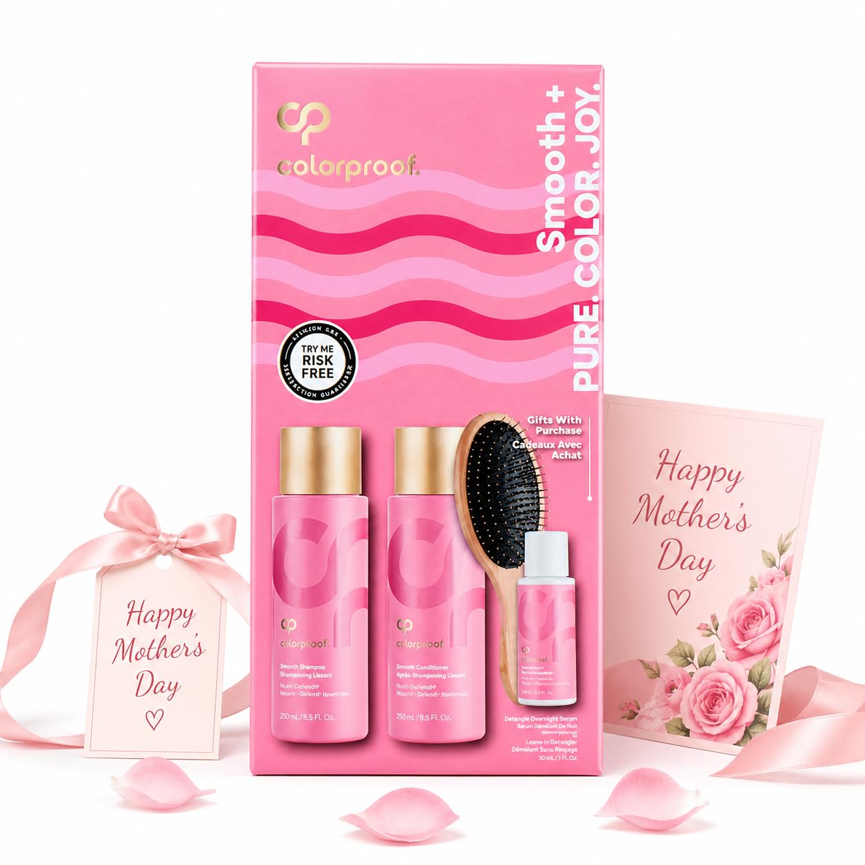ColorProof Mothers Day Smooth Gift Set Relaxation Gifts For Women Hair Care Complete Set With Shampoo, Conditioner, Overnight Serum & Detangling Brush