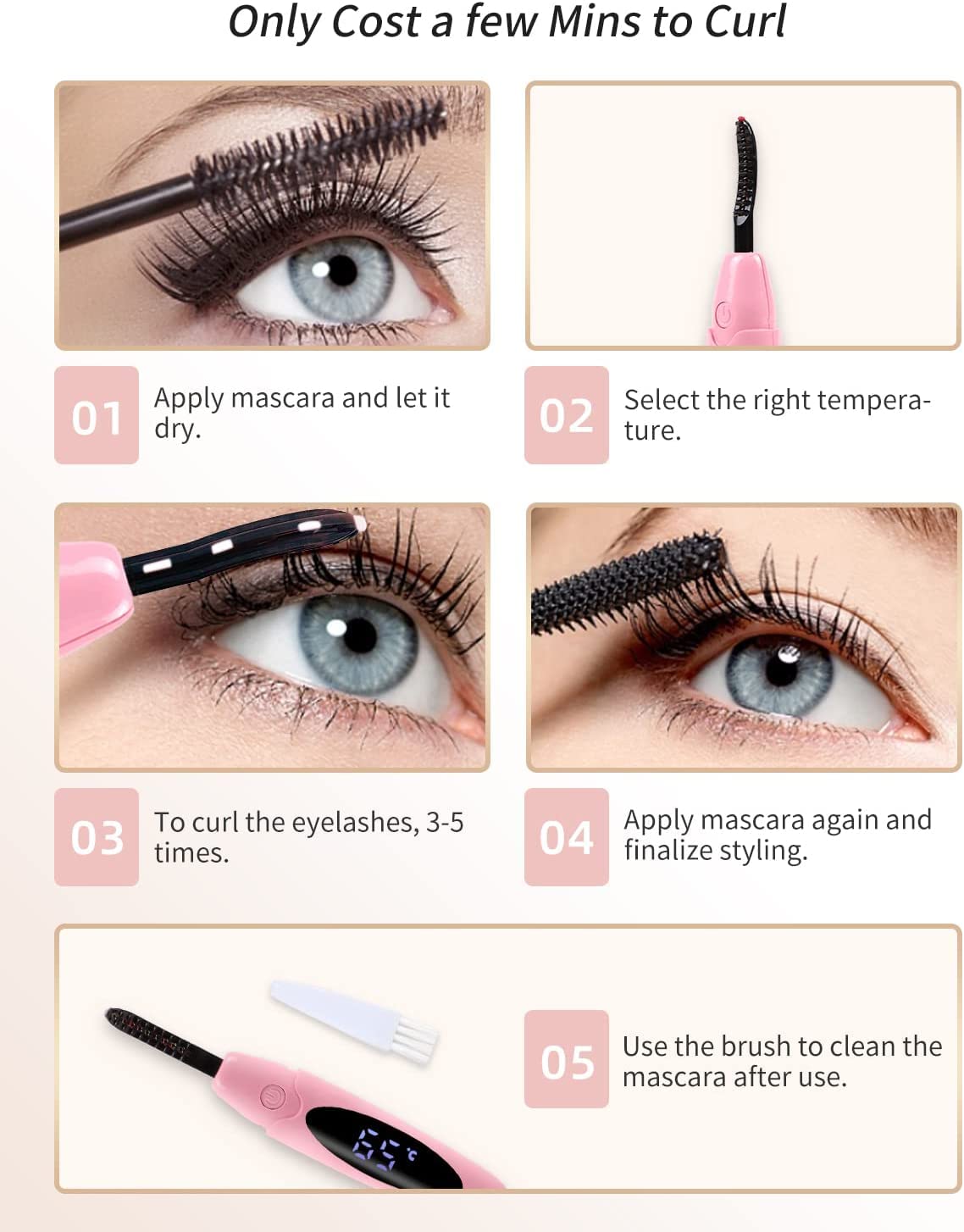 ZAPAL Heated Eyelash Curler, Heated lash Curler, Intelligent Power Off Electric Eyelash Curler Heated Quickly 24 Hs Lasting Natural Makeup (Pink