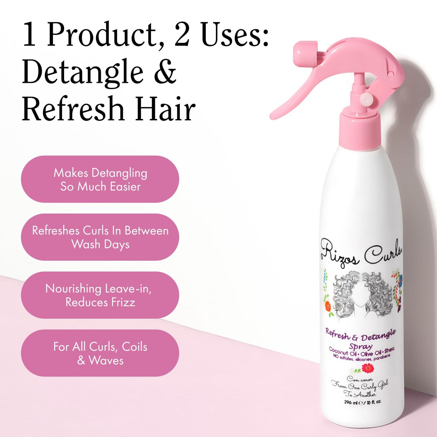 Rizos Curls Refresh & Detangle Spray - Detangling & Curl Leave-In with Coconut Oil - Nourishes, Hydrates & Controls Frizz for Every Curl Pattern