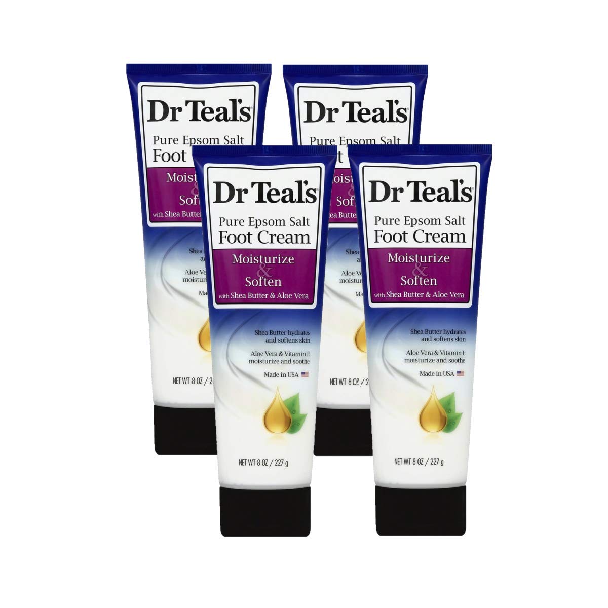 Dr. Teals Pure Epsom Salt Foot Cream Gift Set (4 Pack, 8oz Ea.) - Moisturize & Soften with Shea Butter & Aloe Vera Essential Oils - Eases Aches
