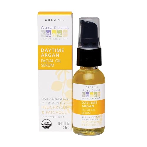 Aura Cacia Daytime Argan Facial Oil Serum, Organic Face Serum with Pure Essential Oils, Nourishing Blend of Argan, Jojoba, Helichrysum and Patchouli |