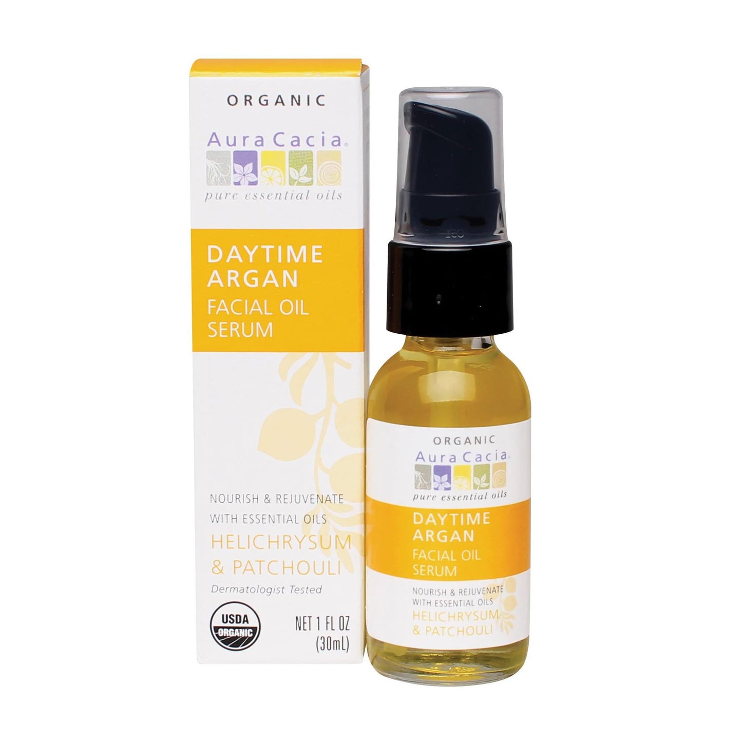 Aura Cacia Daytime Argan Facial Oil Serum, Organic Face Serum with Pure Essential Oils, Nourishing Blend of Argan, Jojoba, Helichrysum and Patchouli |