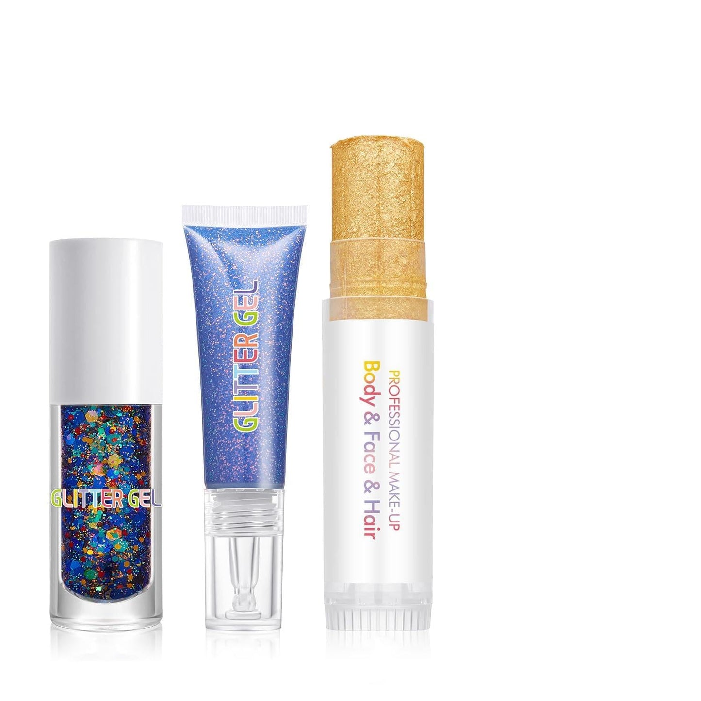 3Pcs Glitter Gel Set - Face & Body Chunky Sparkle Gel with Shimmer Highlighter Stick | Glitter Jelly for Eye, Festival Makeup, Nails, Body Art (Set D)