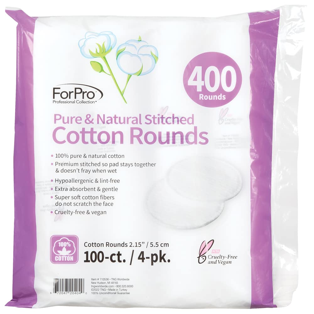 ForPro Pure & Natural Stitched Cotton Rounds for Face (400-Count), 100% Pure Cotton Makeup Remover Pads, Hypoallergenic, Lint-Free, Vegan Beauty and Personal Care ForPro Professional Collection