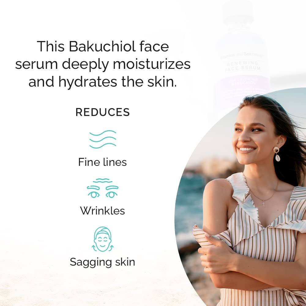 Renewing Skin Serum with Sea Lavender & Bakuchiol, Anti-Aging Firming and Smoothing Collagen Boosting Face Serum for Fine Lines and Wrinkles - 2 fl oz