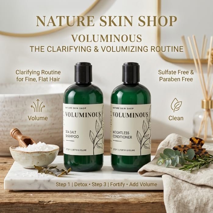 Nature Skin Shop Voluminous Sea Salt Shampoo and Conditioner Set, Clarifying for Soft or Hard Water, Removes Buildup from Fine, Oily & Flat Hair
