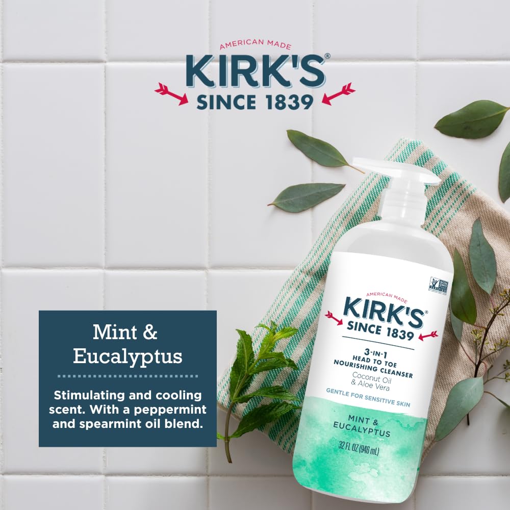 Kirk's Mint and Eucalyptus 3-in-1 Nourishing Cleanser, Shampoo Body Wash Bubble Bath, Coconut Oil and Aloe Vera, Vegan Non-GMO, 32 Fl Oz Beauty & Personal Care Kirk's
