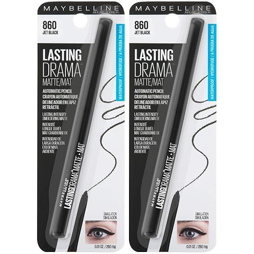 Maybelline Eyestudio Lasting Drama Waterproof Matte Gel Pencil Black Eyeliner Makeup, Jet Black, 2 Count