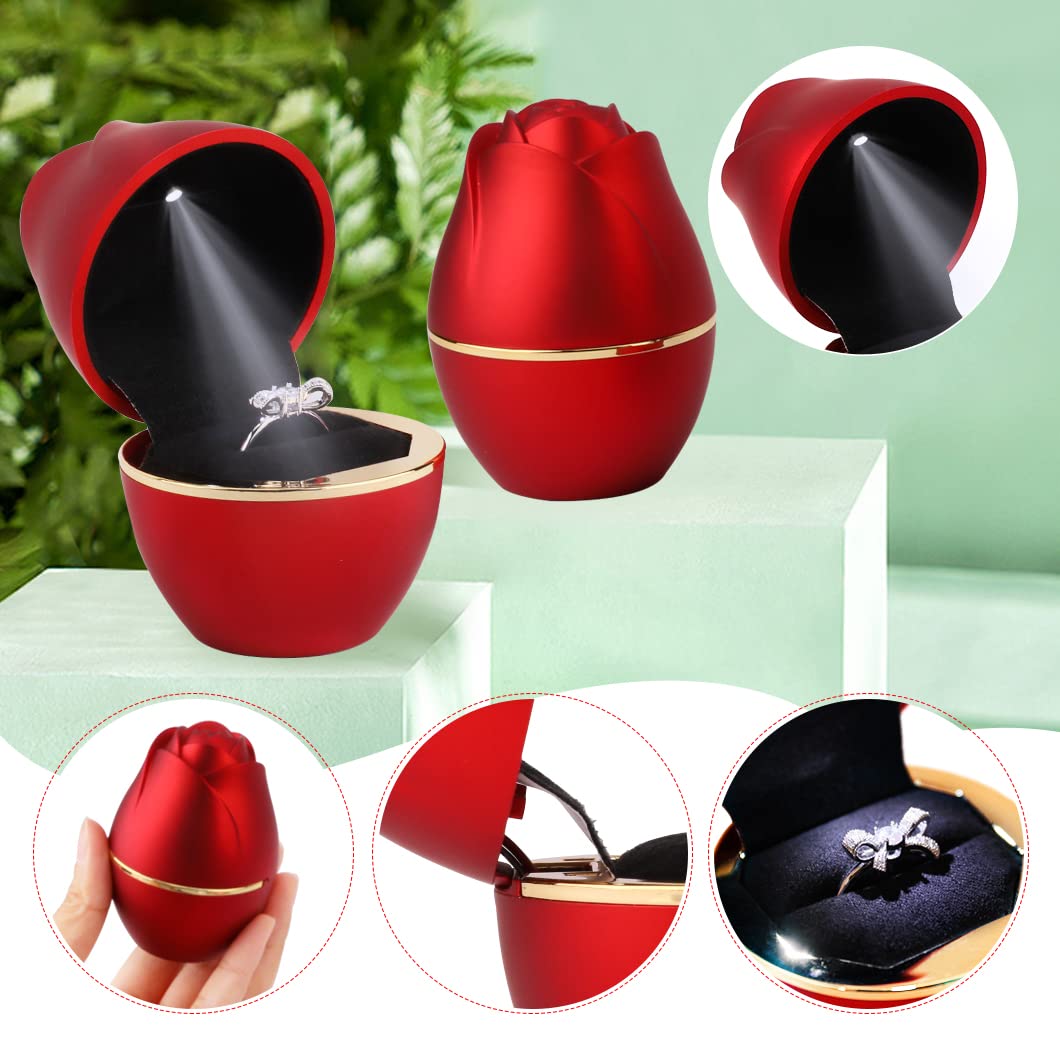 Rolin Roly Red Ring Box with LED Light Rose Jewelry Ring Case Jewellry Display Gift Boxes for Mother's Day Wedding Ring Box Ceremony Engagement…