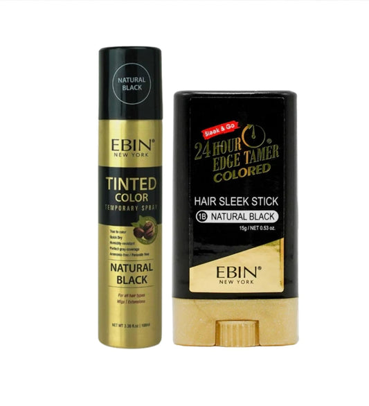 EBIN NEW YORK Hair Care Tinted Color Temporary Spray 3.38OZ (100ML) Natural Black Bundle with 24 Hour Colored Sleek Stick - Natural Black Root & Edge