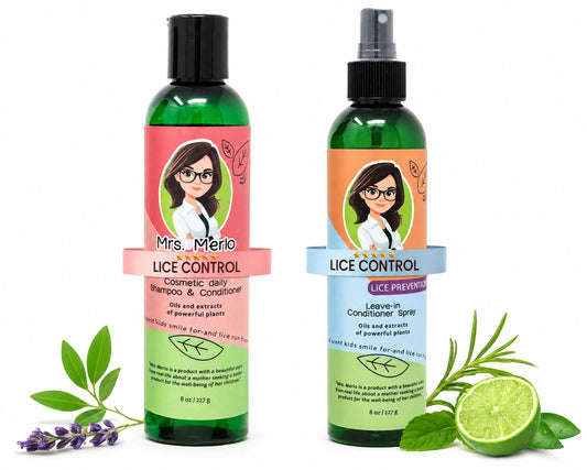 Mrs. Merlo Kids Lice Prevention Hair Care Set - Natural 2-in-1 Shampoo & Conditioner + Leave-In Detangler Spray - Gentle Daily Formula with Essential