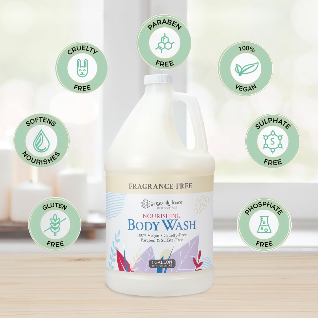 Ginger Lily Farms Botanicals Nourishing Body Wash, 100% Vegan & Cruelty-Free, Fragrance Free, 1 Gallon (128 fl oz) Refill