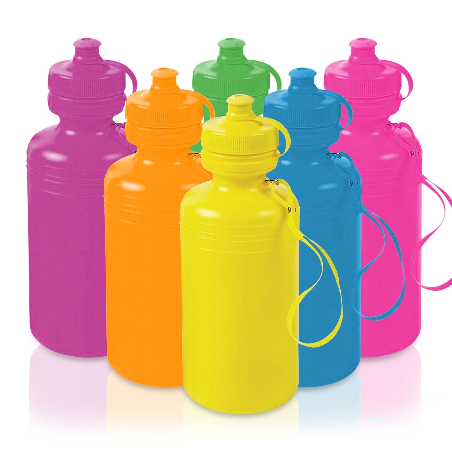 Fun Express Kids Water Bottles Bulk 12 Pack - Plastic 18 oz Leak Proof Squeeze Bottles with Pop Top Lids & Straps | Perfect for School, Sports Teams