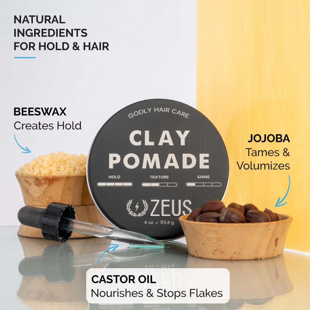ZEUS Clay Pomade for Men, Matte Finish, Water Soluble & Extra Firm Hold Hair Styling Clay Pomade - MADE IN USA (4 oz.)
