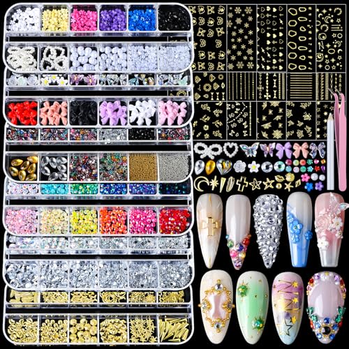 Teenitor Nail Charms Nail Gems with 15 Sheets Gold Nail Stickers, 6 Boxes of Rhinestones for Nails Art Tools, 3D Nail Decals Pearls for Nails Beauty and Personal Care Teenitor Default Title