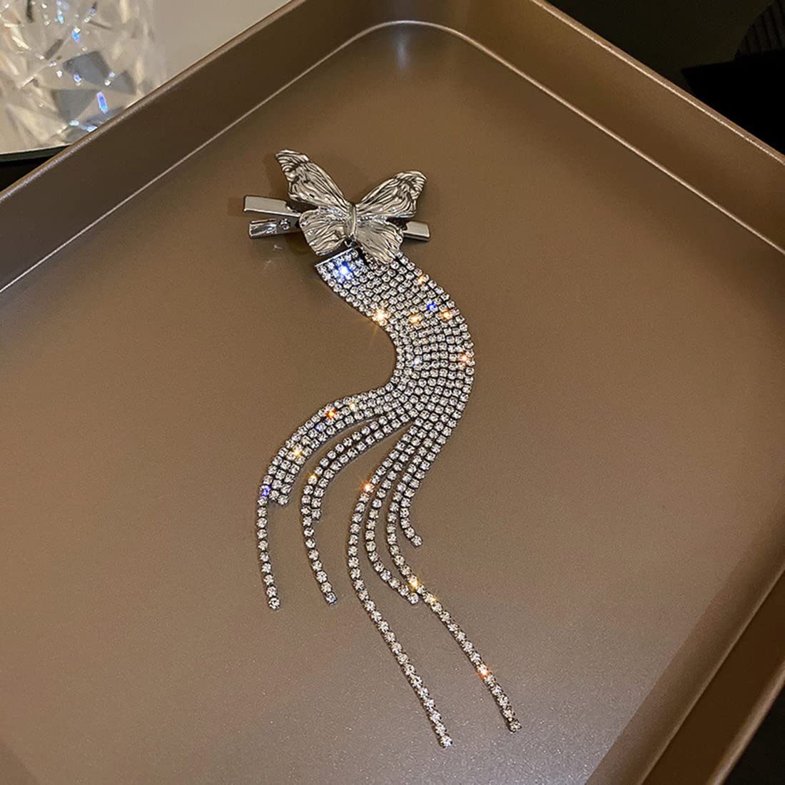 Wekicici Butterfly Rhinestone Tassel Clips Rhinestone Hair Clips Butterfly Tassel Hair Accessories for Women and Girls, silver