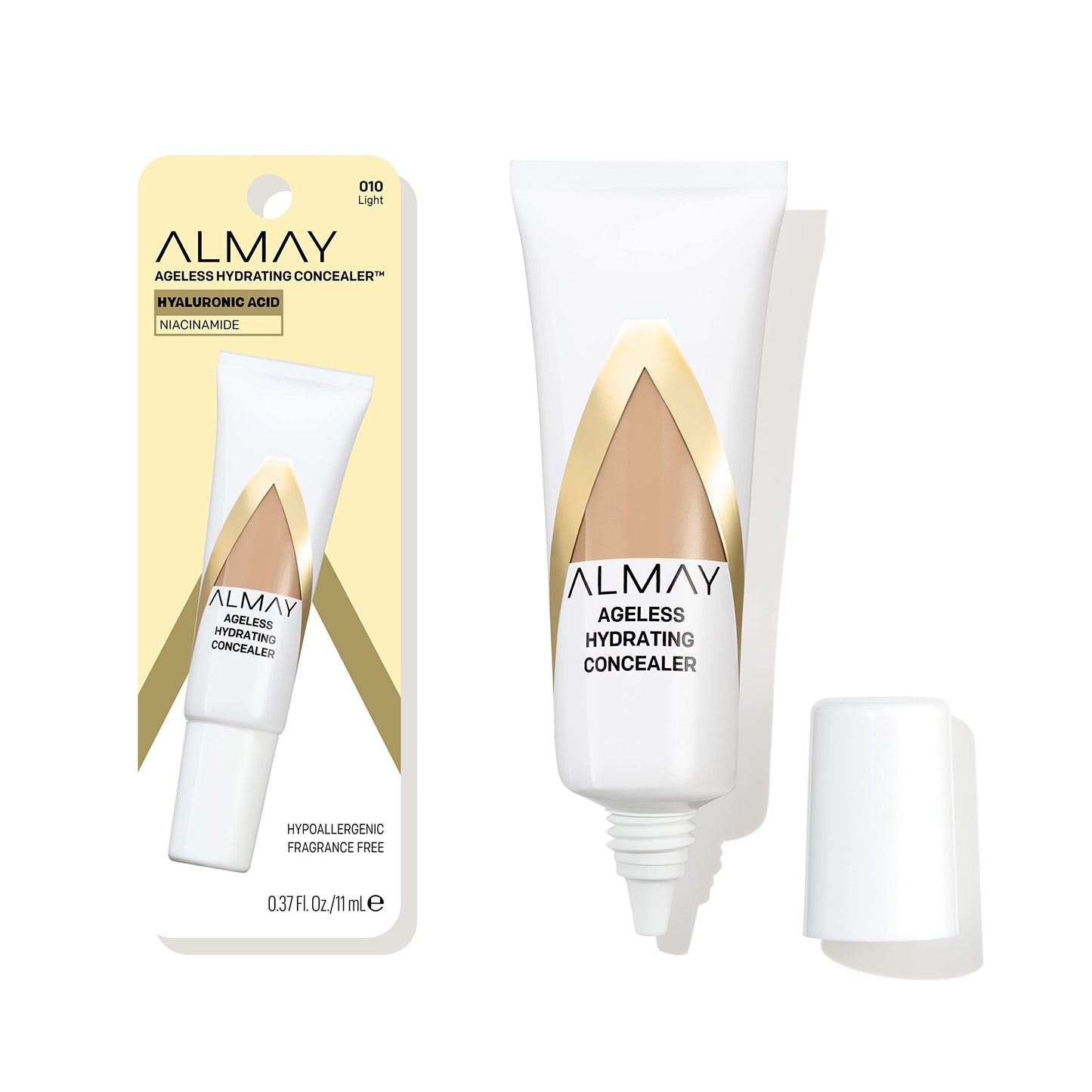 Almay Anti-Aging Concealer, Face Makeup with Hyaluronic Acid, Niacinamide, Vitamin C & E, Hypoallergenic-Fragrance Free, 010 Light, 0.37 Fl Oz (Pack