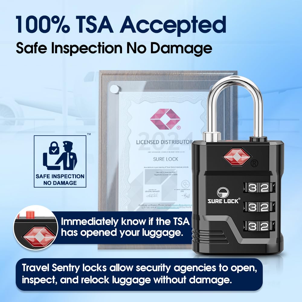 SURE LOCK TSA Approved Luggage Locks 2 Pack – High Security TSA008 with Open Alert, Easy-Read Dials, Zinc Alloy Padlocks for Suitcases & Gym (Black)