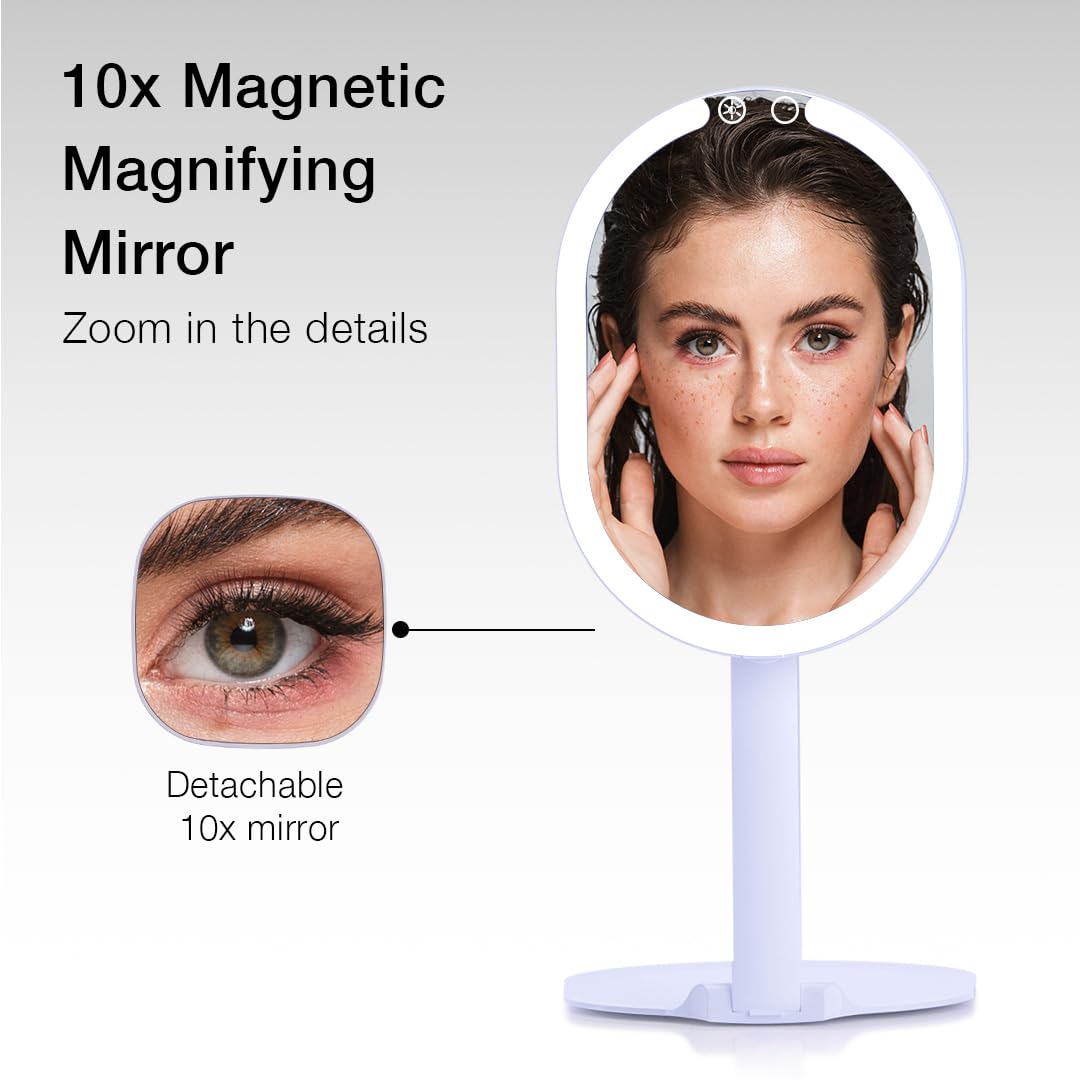 Fancii LED Rechargeable Portable Makeup Mirror with 3 Color Light Settings & 10x Magnetic Magnifying Mirror - Ultra Slim, Foldable Travel Vanity