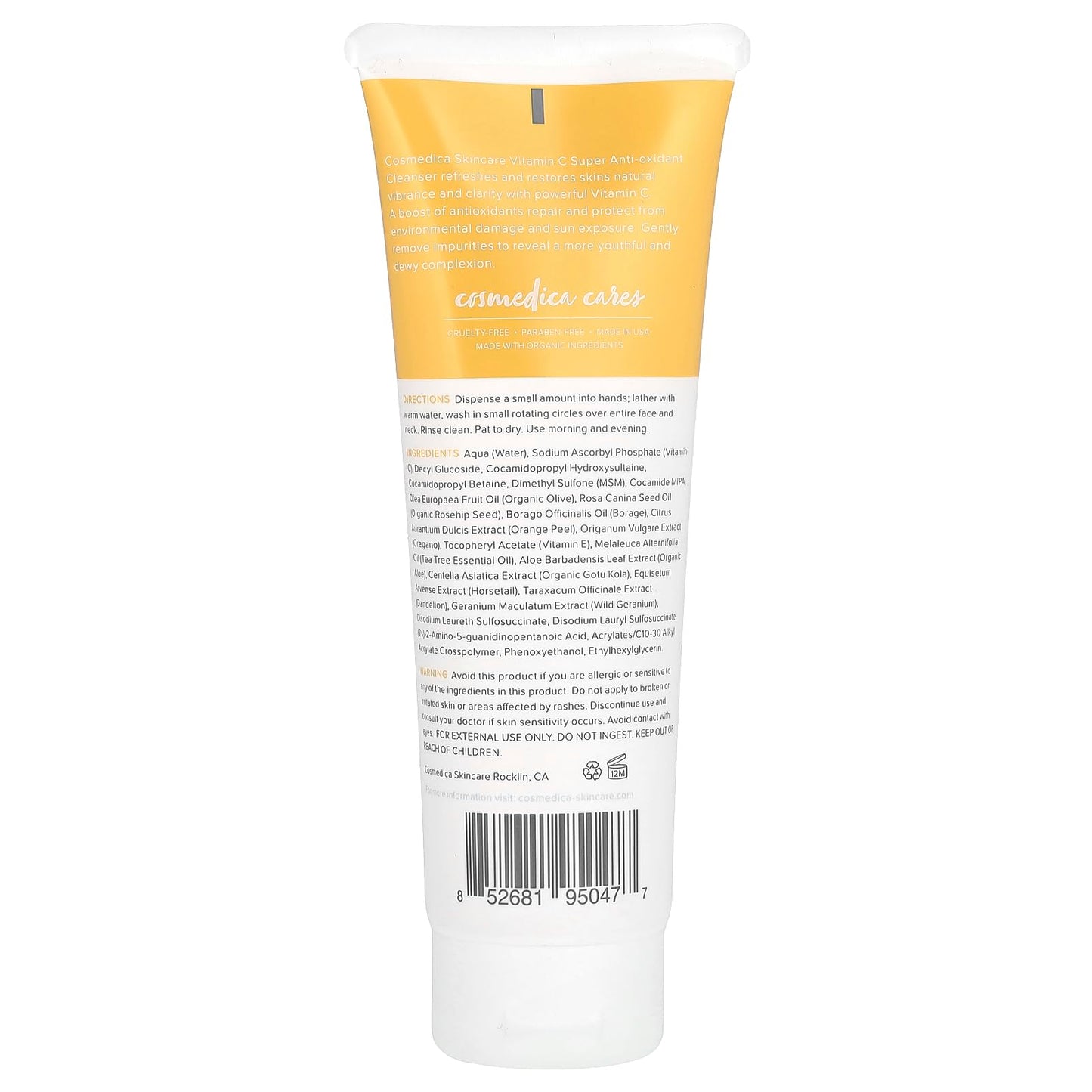 Cosmedica Skincare Vitamin C Facial Cleanser - 4 oz, Vitamin C for Anti-Aging - Gentle Face Cleanser Refreshes and Restores Skin’s Natural Vibrance