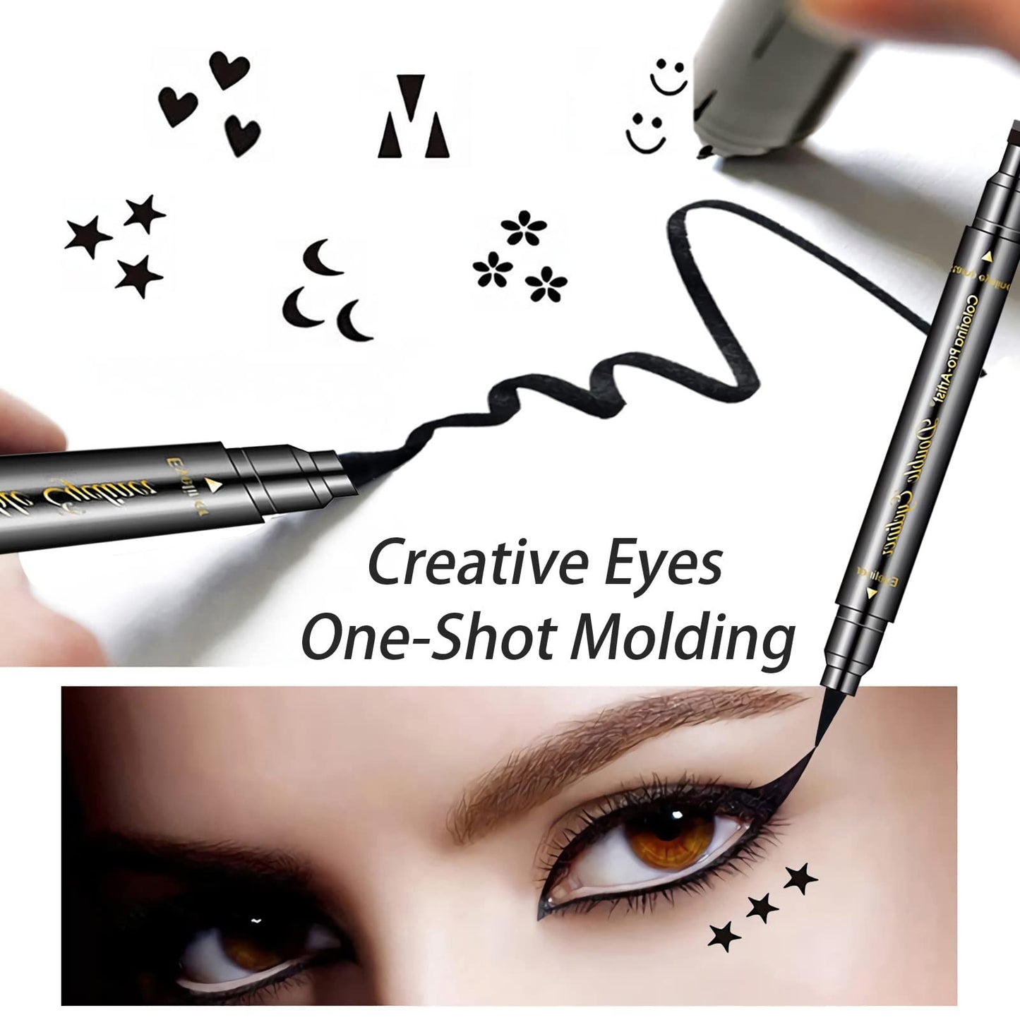 SUMEITANG 6 Pcs Double-headed Eyeliner Stamps Set Black Liquid Eye Liner Pen With Star,Moon,Heart,Flower,Smiley,Triangle Stamp Stencils Shapes