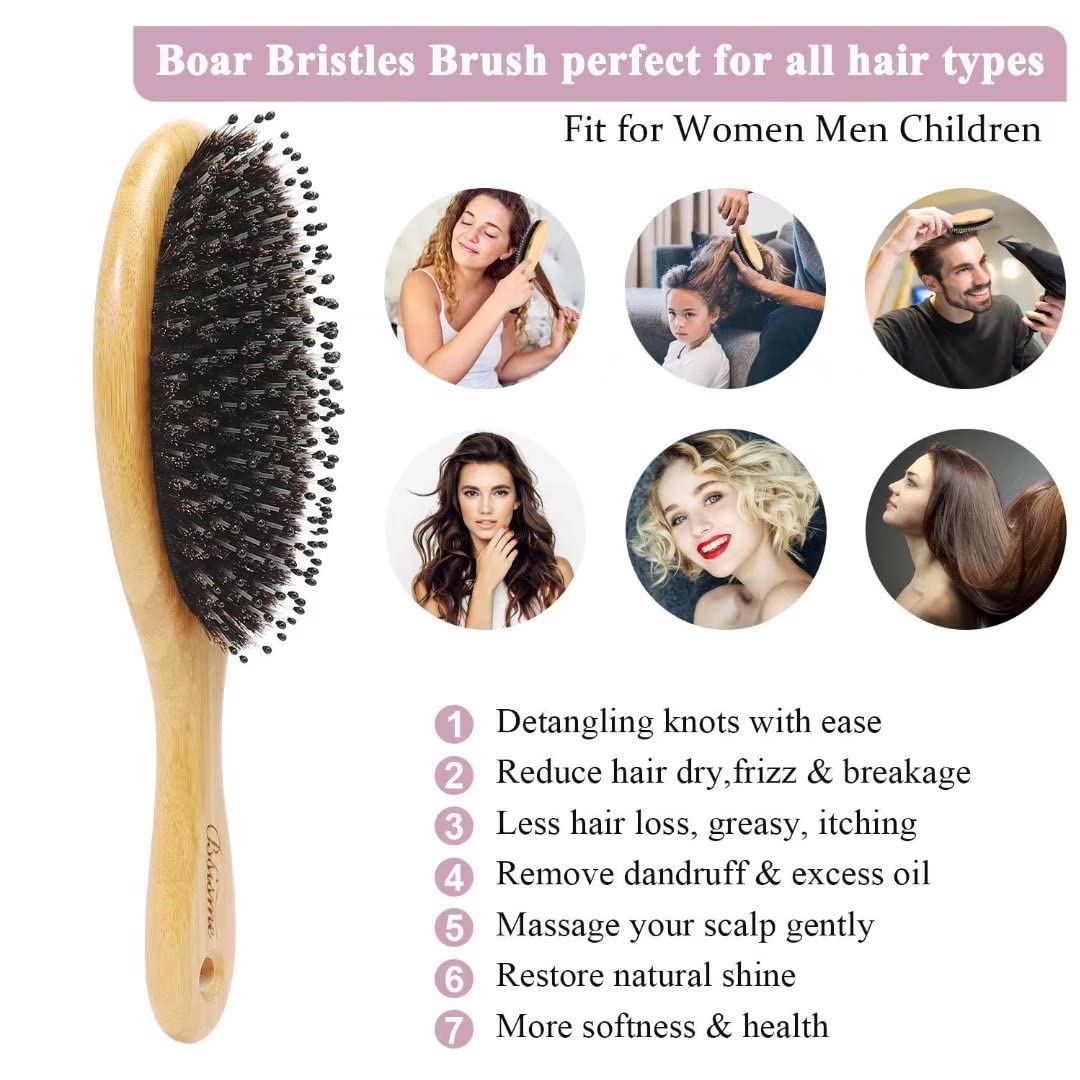 Hair Brush Comb Set Boar Bristle Hairbrush for Curly Thick Long Fine Dry Wet Hair,Best Travel Bamboo Paddle Detangler Detangling Hair Brushes