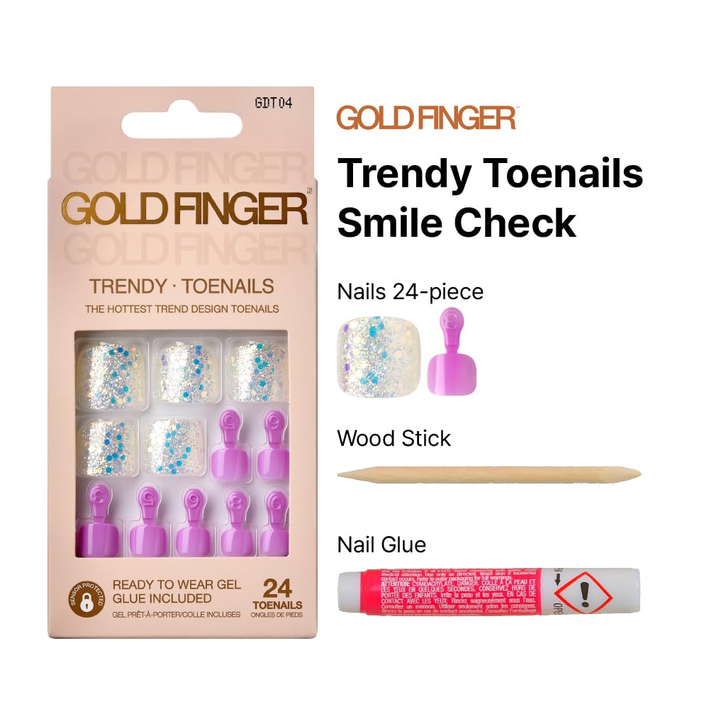 GoldFinger Trendy Press On Fake Toenail Kit, Glitter Confetti Flakes & Purple Color, Ready to Wear Gel & Manicure Stick, Mini Glue included Beauty & Personal Care Goldfinger