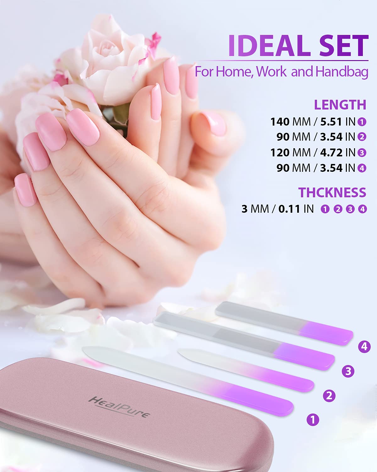 Glass Nail File and Nail Shiner, 4PC Crystal Nail File and Nano Glass Nail Buffer, Premium Set with Case, Professional Manicure Tool Fingernail Czech