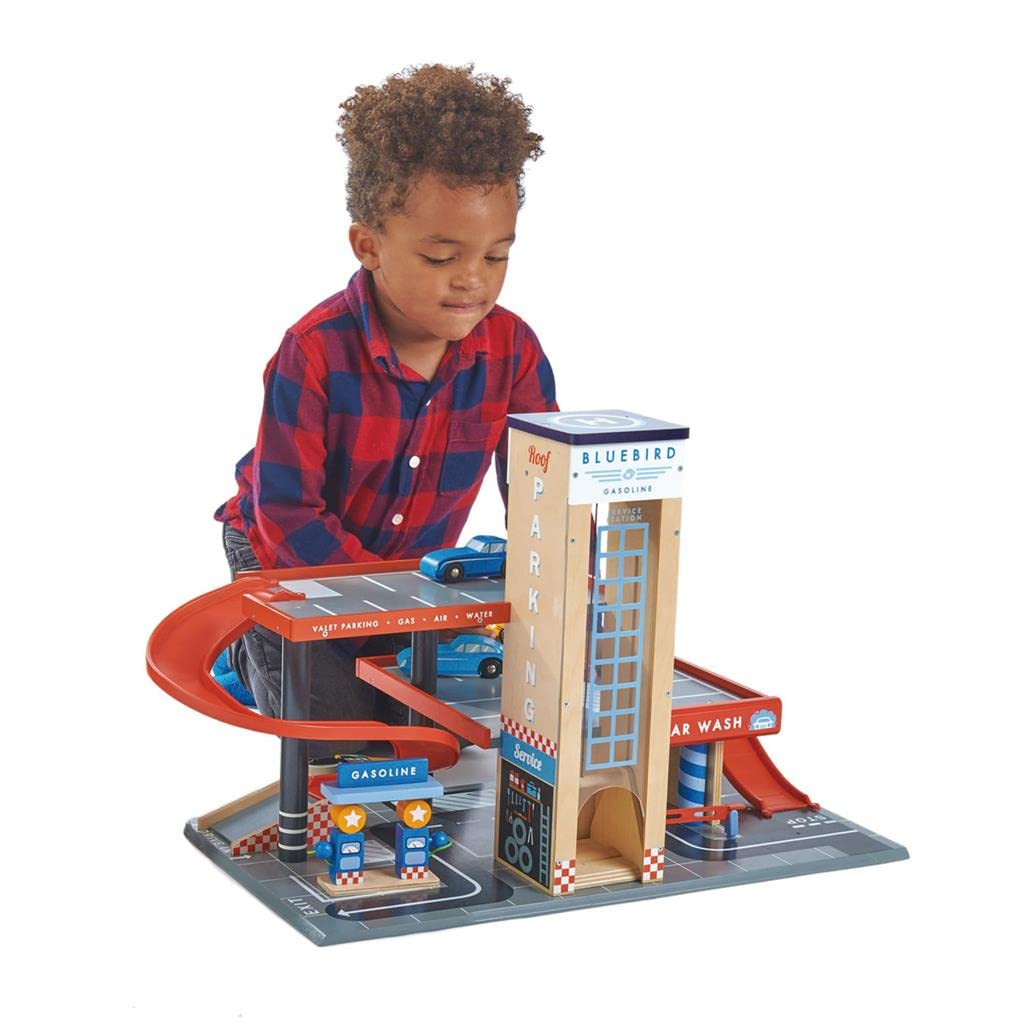Tender Leaf Toys Blue Bird Service Station – Wooden Garage Playset with Ramps, Petrol Pumps, Car Wash & Helicopter Pad, Roleplay Toy for Kids 3+